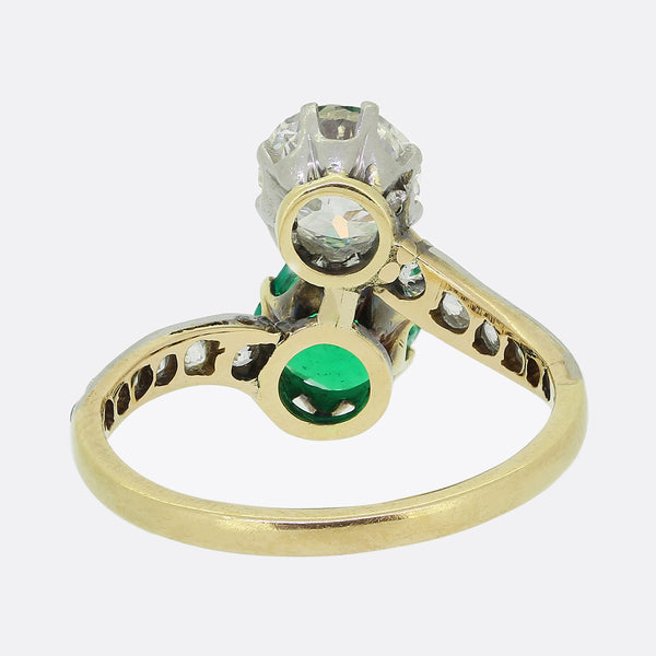Antique Two-Stone Emerald and Diamond Crossover Ring