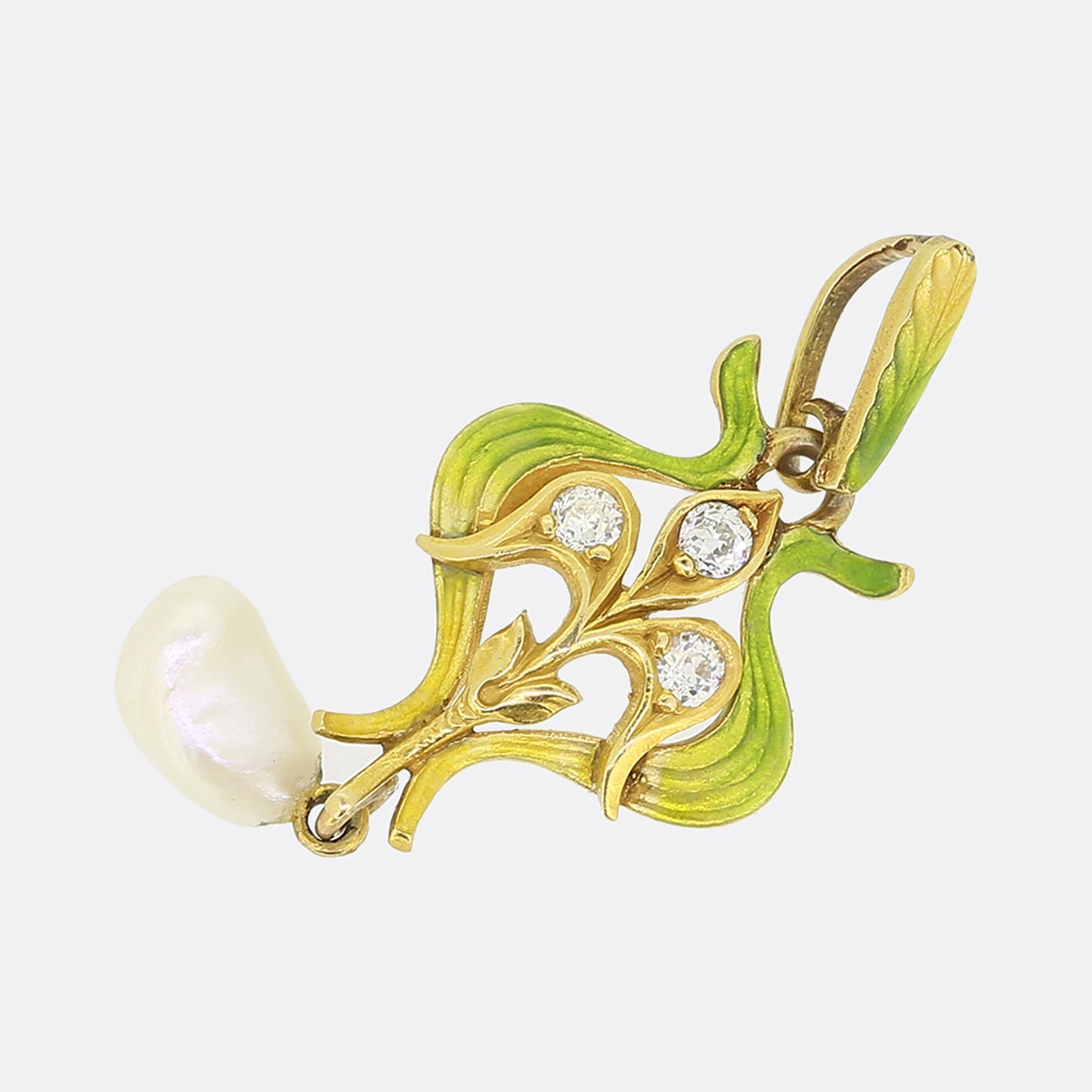 Art Nouveau Natural Pearl Diamond and Enamel Pendant