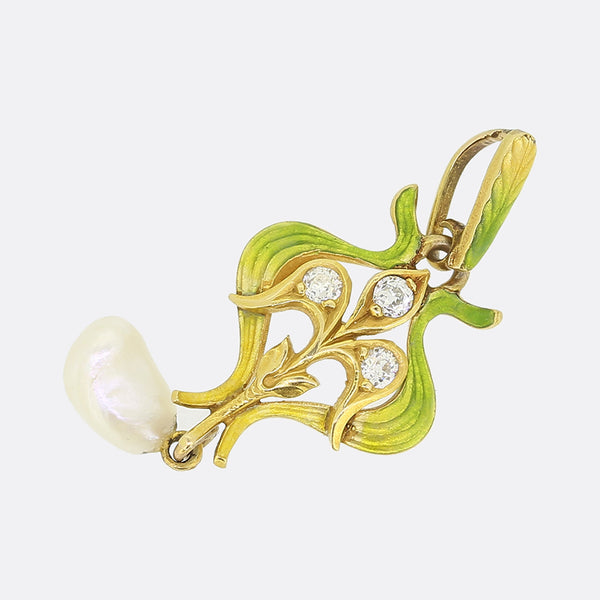 Art Nouveau Natural Pearl Diamond and Enamel Pendant