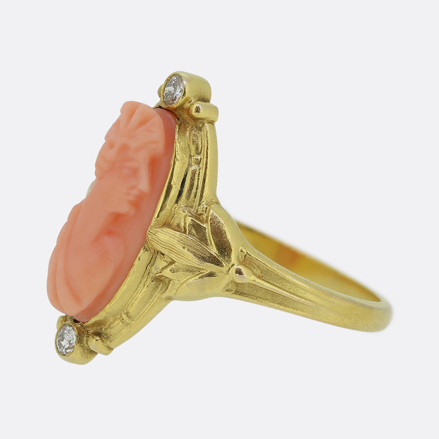 Art Nouveau Coral and Diamond Cameo Ring