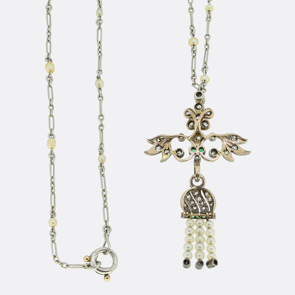 Edwardian Diamond Emerald and Pearl Sautoir Necklace