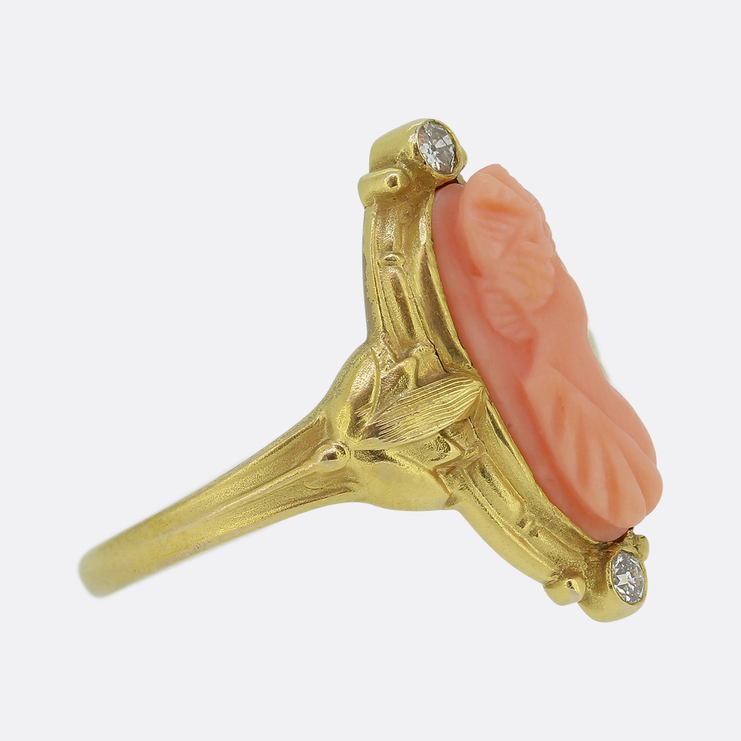 Art Nouveau Coral and Diamond Cameo Ring