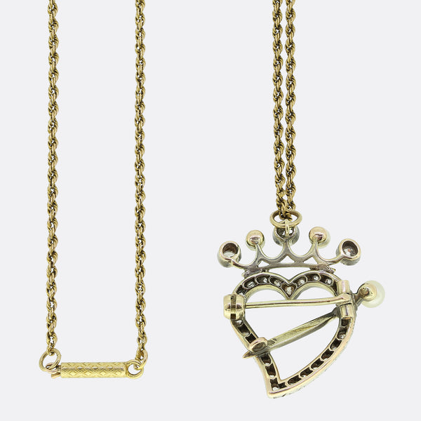 Victorian Diamond Pearl Heart and Crown Pendant Necklace