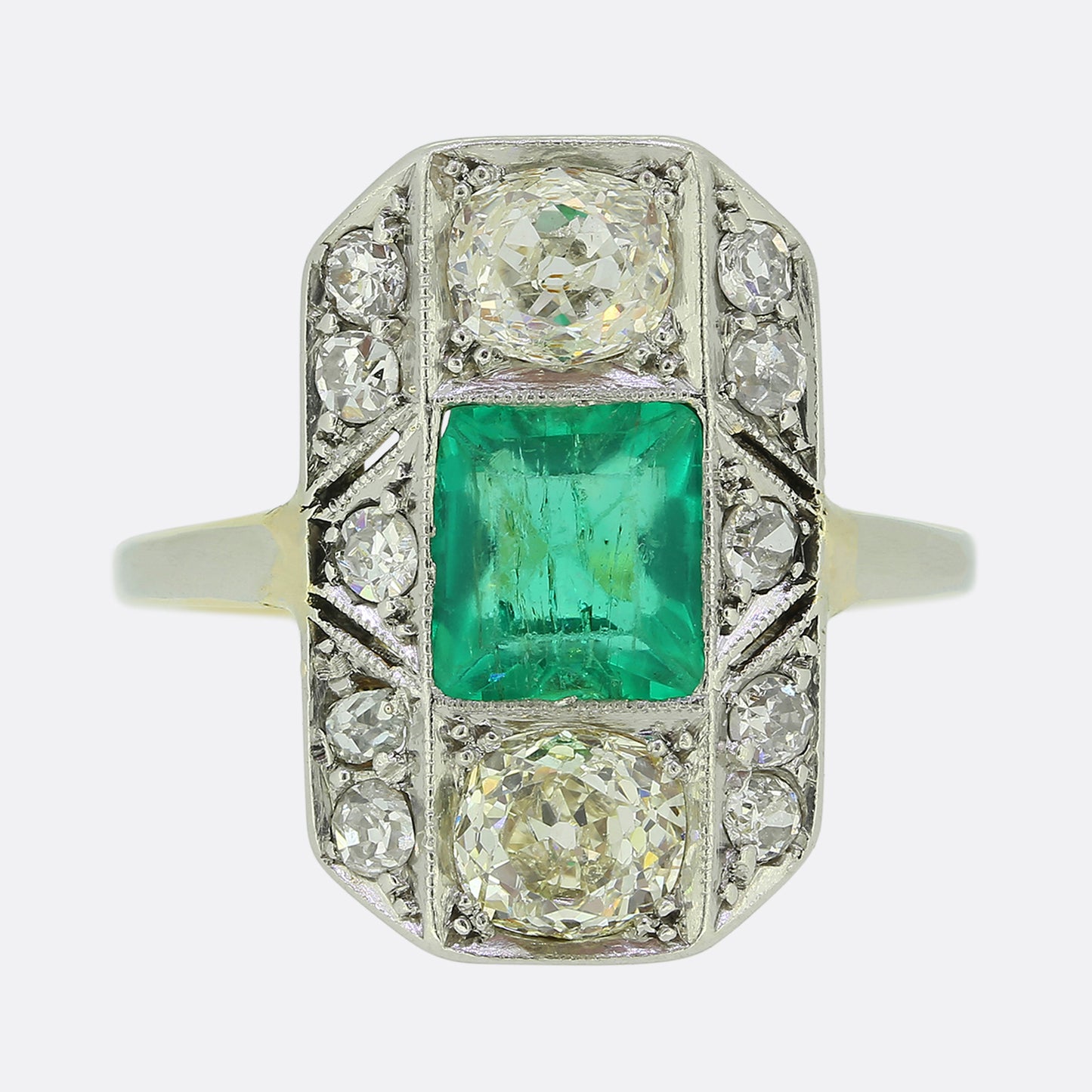 Art Deco Emerald and Diamond Plaque Ring