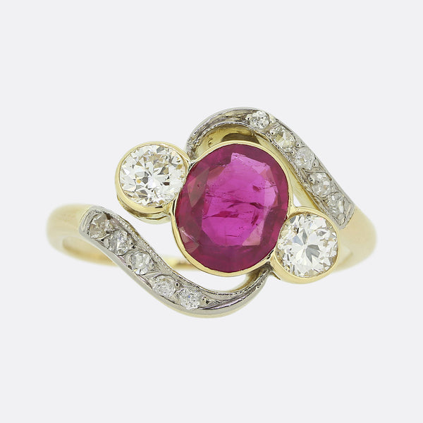 Edwardian Burmese Ruby and Diamond Three-Stone Twist Ring