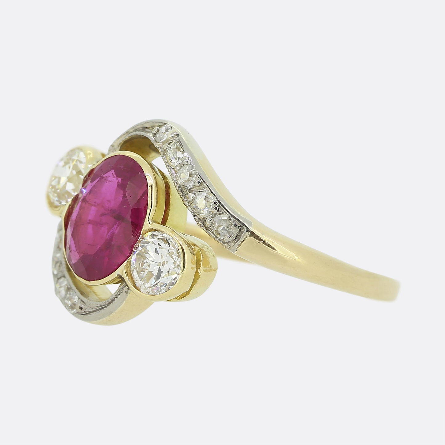 Edwardian Burmese Ruby and Diamond Three-Stone Twist Ring