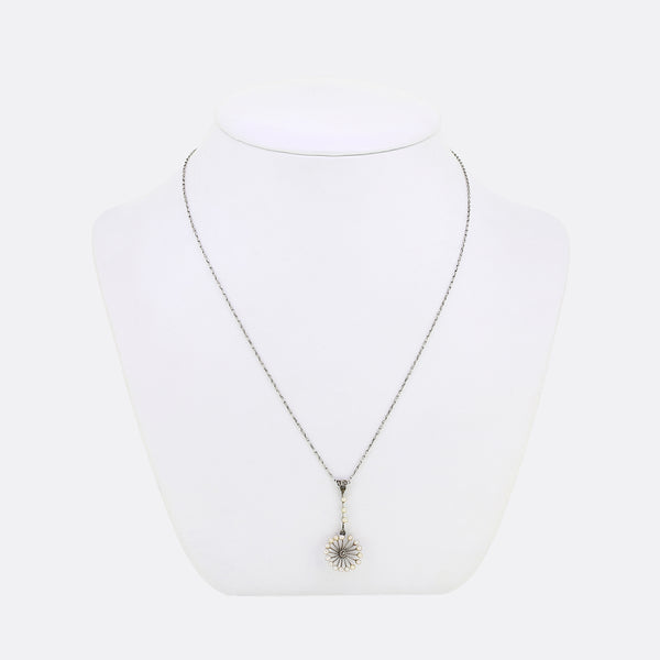 Edwardian Natural Pearl and Diamond Drop Necklace