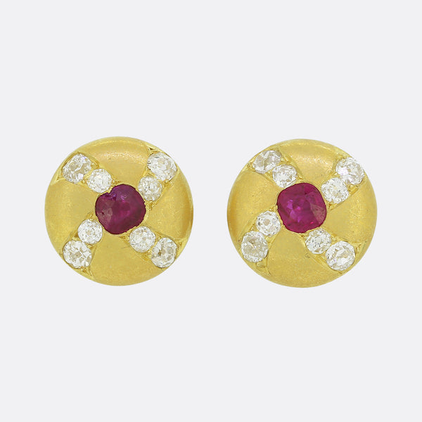 Antique Ruby and Diamond Stud Earrings
