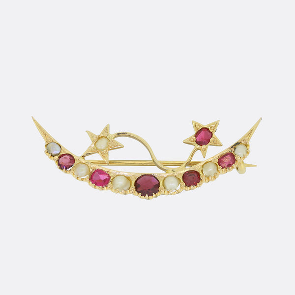 Victorian Spinel and Pearl Crescent Brooch