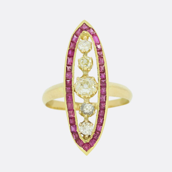Edwardian Ruby and Old Cut Diamond Navette Ring