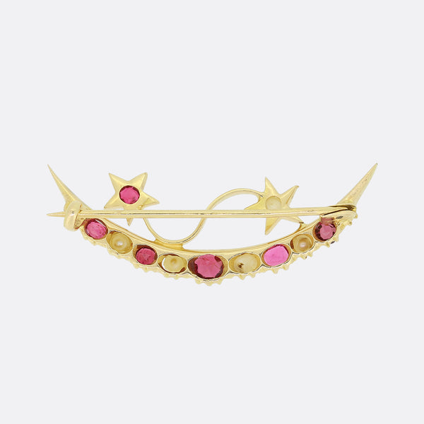 Victorian Spinel and Pearl Crescent Brooch