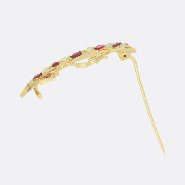 Victorian Spinel and Pearl Crescent Brooch