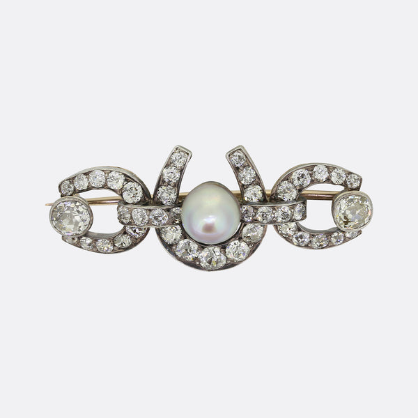 Edwardian 5.50 Carat Diamond and Pearl Horseshoe Brooch