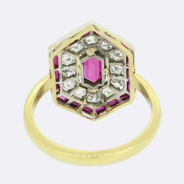 Art Deco Ruby and Diamond Hexagonal Cluster Ring