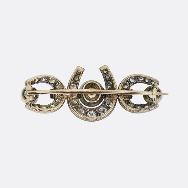 Edwardian 5.50 Carat Diamond and Pearl Horseshoe Brooch