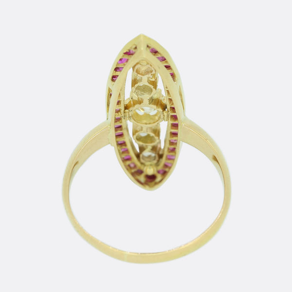 Edwardian Ruby and Old Cut Diamond Navette Ring