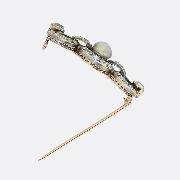 Edwardian 5.50 Carat Diamond and Pearl Horseshoe Brooch