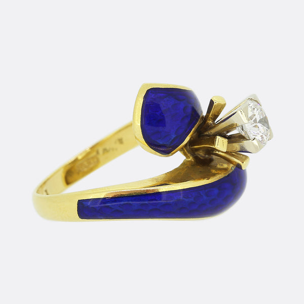 Vintage Diamond and Blue Enamel Swirl Ring