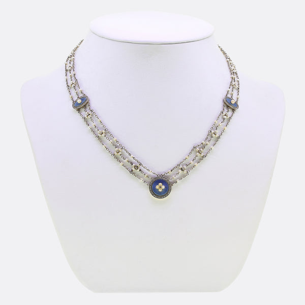 Edwardian Pearl Diamond and Enamel Collar Necklace