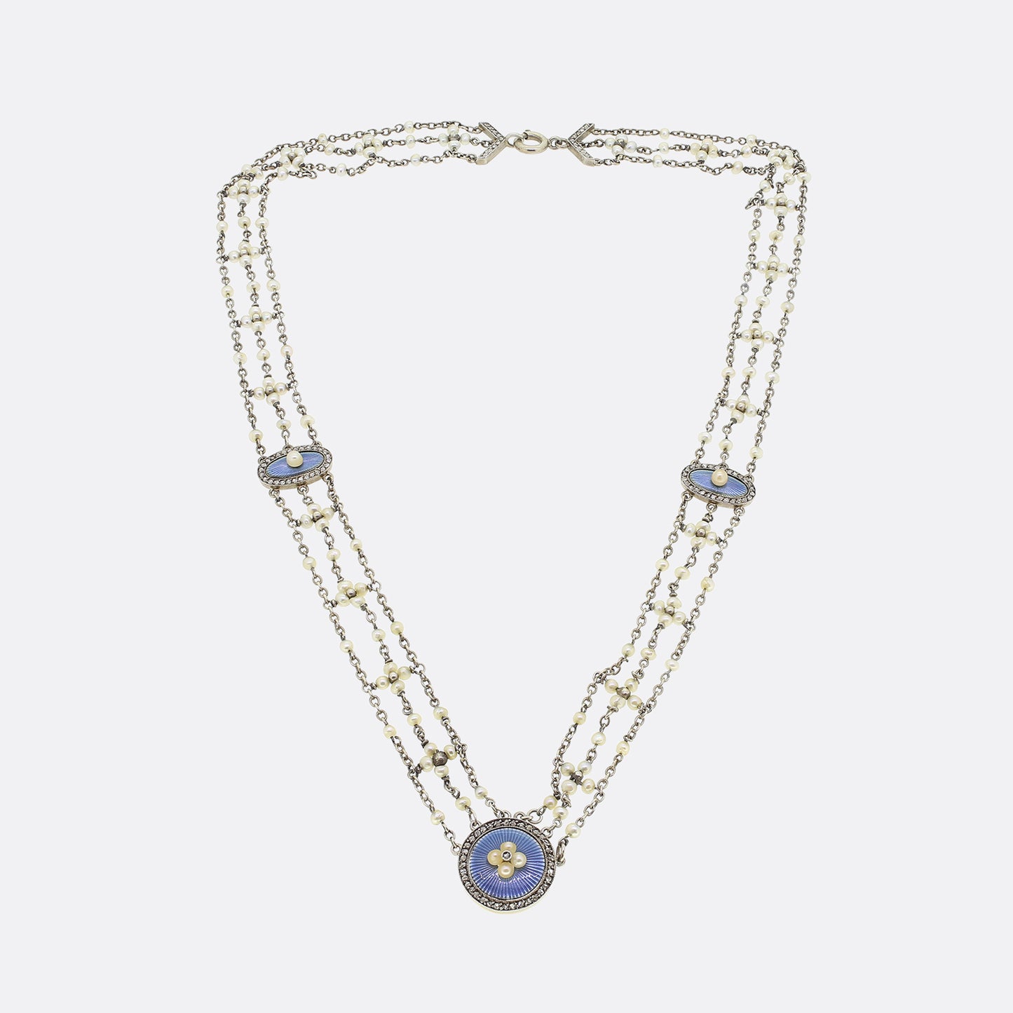 Edwardian Pearl Diamond and Enamel Collar Necklace