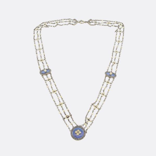 Edwardian Pearl Diamond and Enamel Collar Necklace