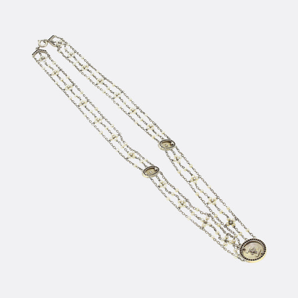 Edwardian Pearl Diamond and Enamel Collar Necklace