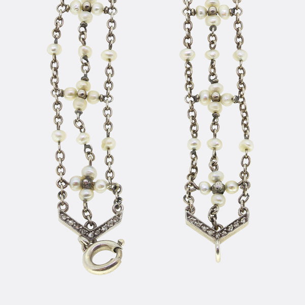 Edwardian Pearl Diamond and Enamel Collar Necklace