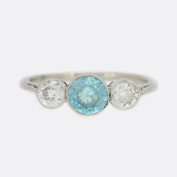Blue Zircon and Diamond Three Stone Ring