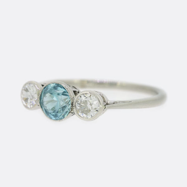 Blue Zircon and Diamond Three Stone Ring