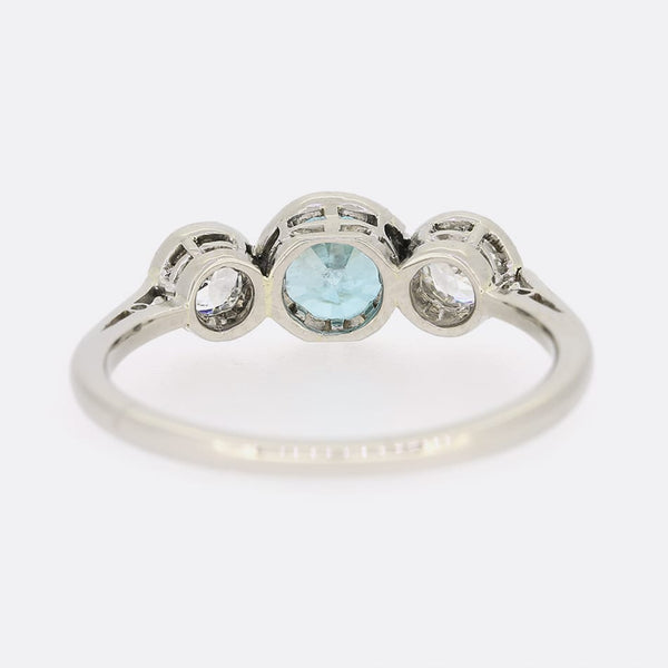 Blue Zircon and Diamond Three Stone Ring