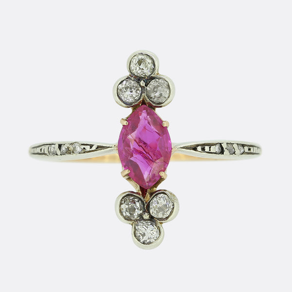 Victorian Burmese Ruby and Diamond Navette Ring