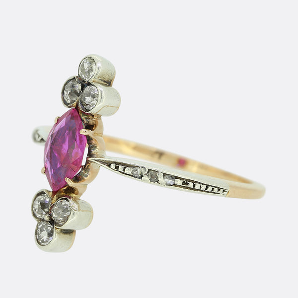 Victorian Burmese Ruby and Diamond Navette Ring