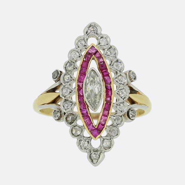 Edwardian Ruby and Diamond Navette Ring