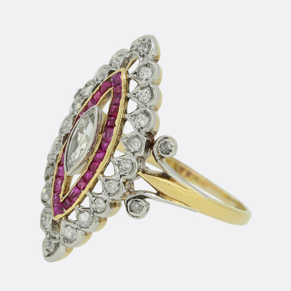 Edwardian Ruby and Diamond Navette Ring