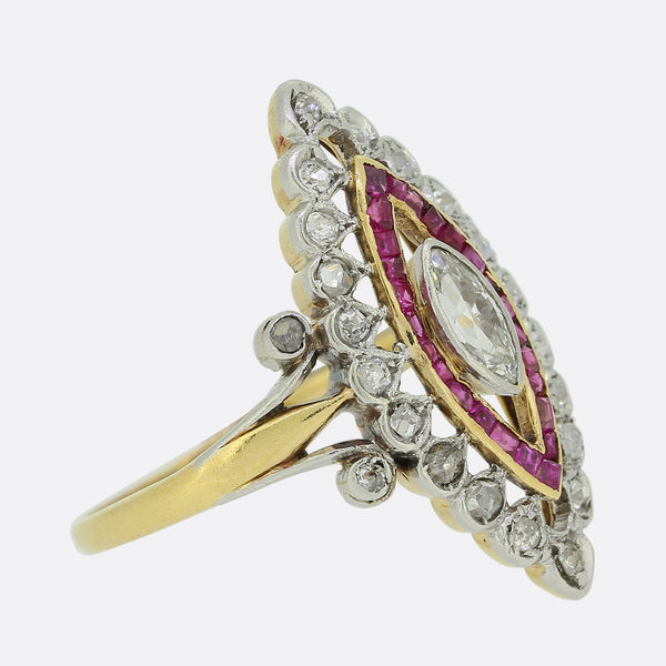 Edwardian Ruby and Diamond Navette Ring