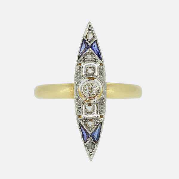 Art Deco Sapphire and Diamond Navette Ring