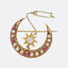 Antique Diamond Ruby and Pearl Crescent Brooch