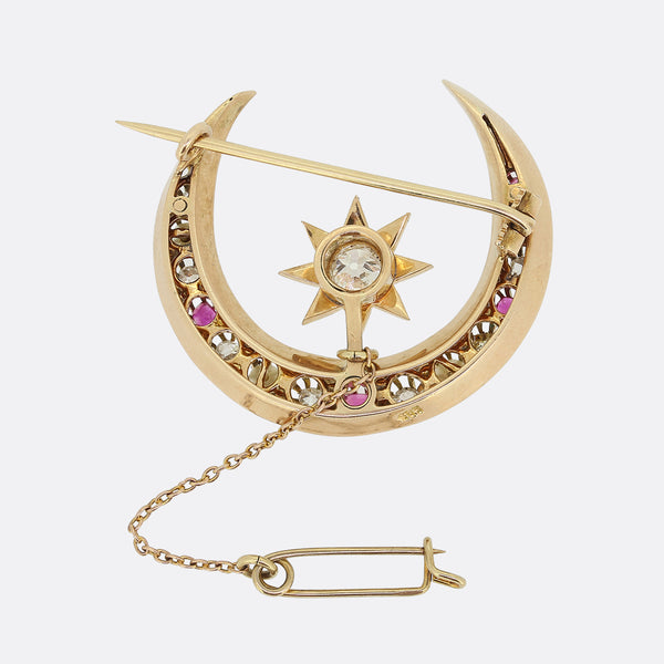 Antique Diamond Ruby and Pearl Crescent Brooch