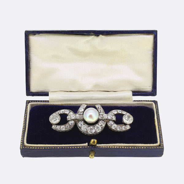 Edwardian 5.50 Carat Diamond and Pearl Horseshoe Brooch