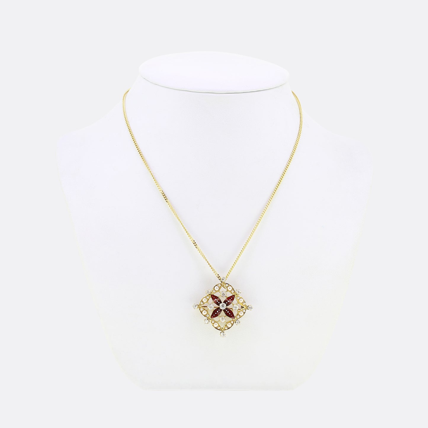 Victorian Enamel Diamond and Pearl Flower Necklace