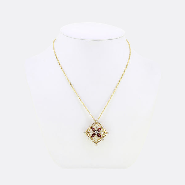 Victorian Enamel Diamond and Pearl Flower Necklace