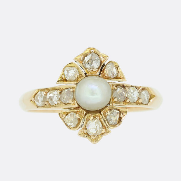 Antique Natural Pearl and Diamond Cluster Ring