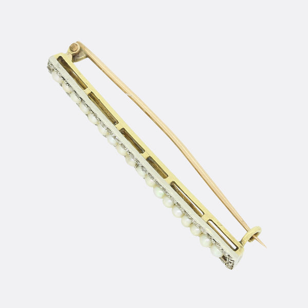Edwardian Natural Pearl and Diamond Bar Brooch