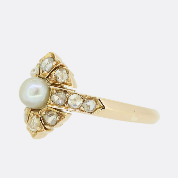 Antique Natural Pearl and Diamond Cluster Ring