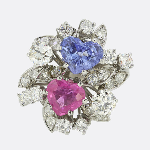 Heart Shaped Sapphire and Diamond Cluster Ring