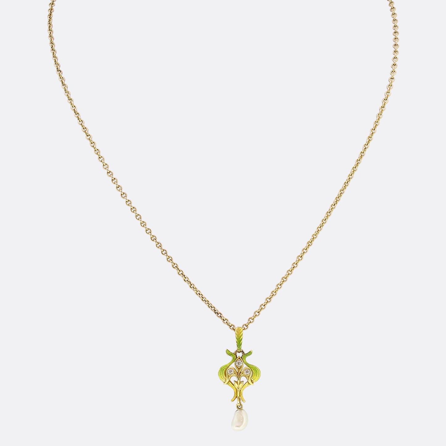 Art Nouveau Natural Pearl Diamond and Enamel Pendant