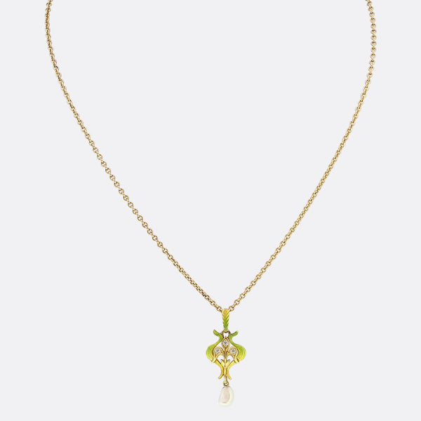 Art Nouveau Natural Pearl Diamond and Enamel Pendant