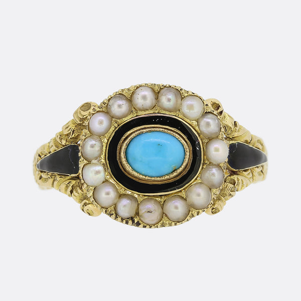 Georgian Pearl, Turquoise and Enamel Mourning Ring