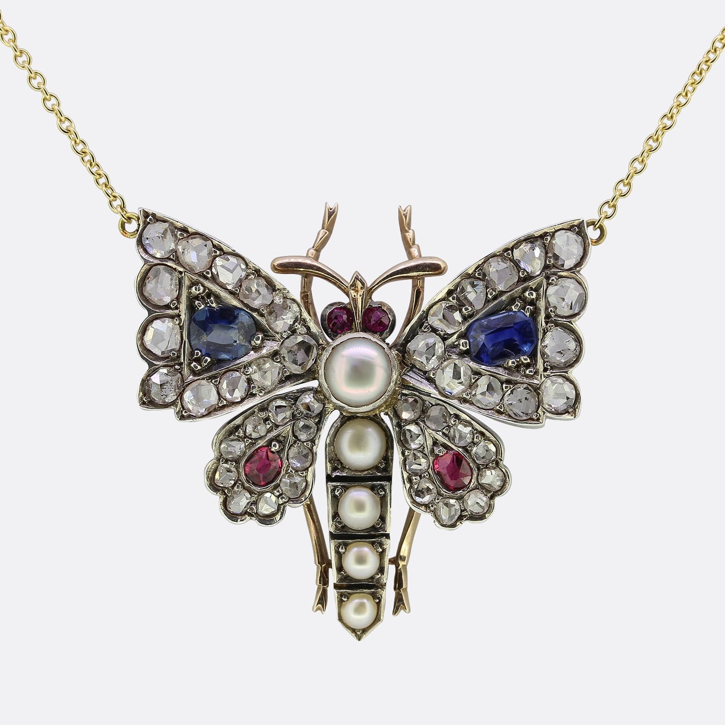 Victorian Rose Cut Diamond Sapphire Pearl and Ruby Butterfly Necklace