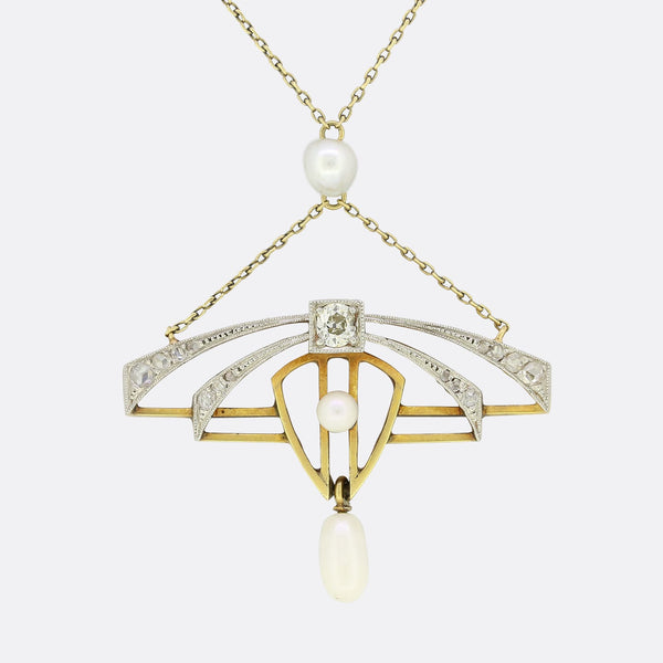 Art Nouveau Natural Pearl and Diamond Pendant Necklace